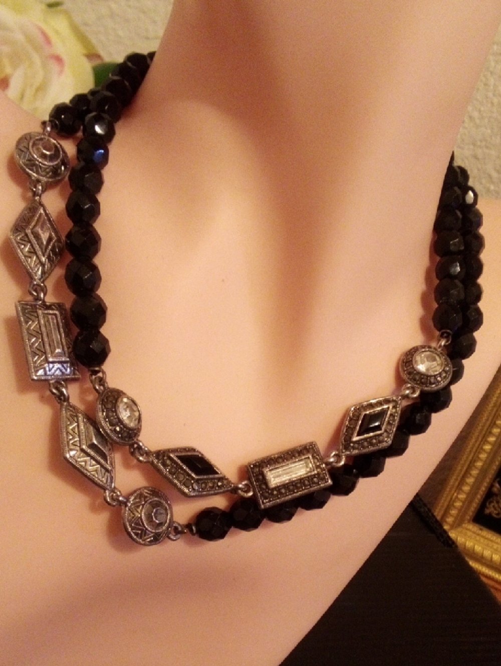 Black Beaded Statement Necklace with Silver-Tone Accents